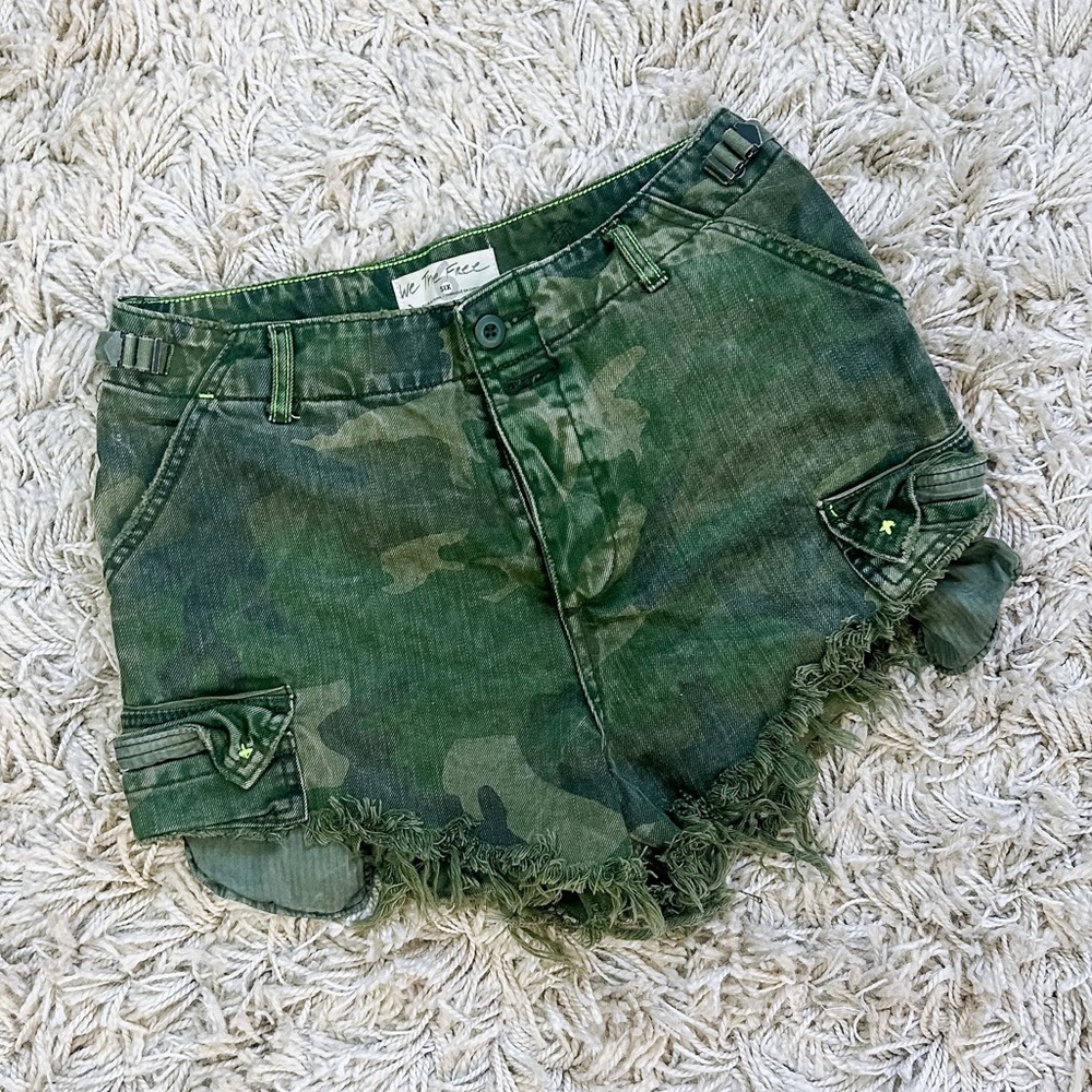 We The Free by Free People CommanderCut Off Camo Cargo Shorts, Distressed Button